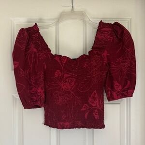 Roxy Burgundy Floral Smocked Puff Sleeve Crop Top